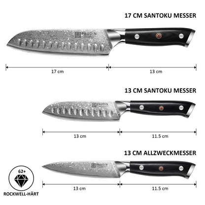 PAUDIN Damast Küchenmesserset 3-tlg. – VG10 Kern, G10 Griff
