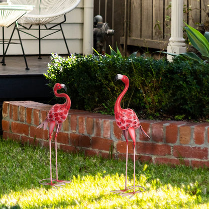 XONOR Flamingo Gartenstatuen aus Metall, 2er-Set, rosa, 65/59 cm