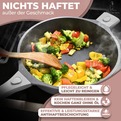 TRAUMLEBEN Bratpfanne 28 cm mit Deckel, abnehmbare Griffe, ofenfest