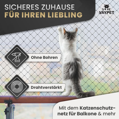 VAYPET Katzennetz für Balkon ohne Bohren, drahtverstärkt, 6x3 m