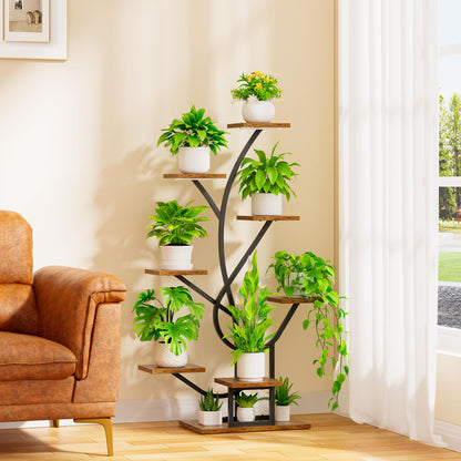 BACEKOLL Pflanzenständer mit Wachstumslicht - 8 Ebenen Blumenständer 126cm Metall Holz Pflanzenregal - Innen & Außen Blumentreppe - Dekoratives Schwarz Blumenregal für Innen Garten Balkon