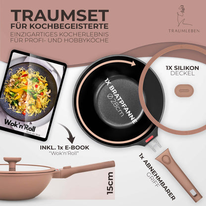 TRAUMLEBEN Wokpfanne mit Deckel – 28cm, abnehmbare Griffe, Induktion
