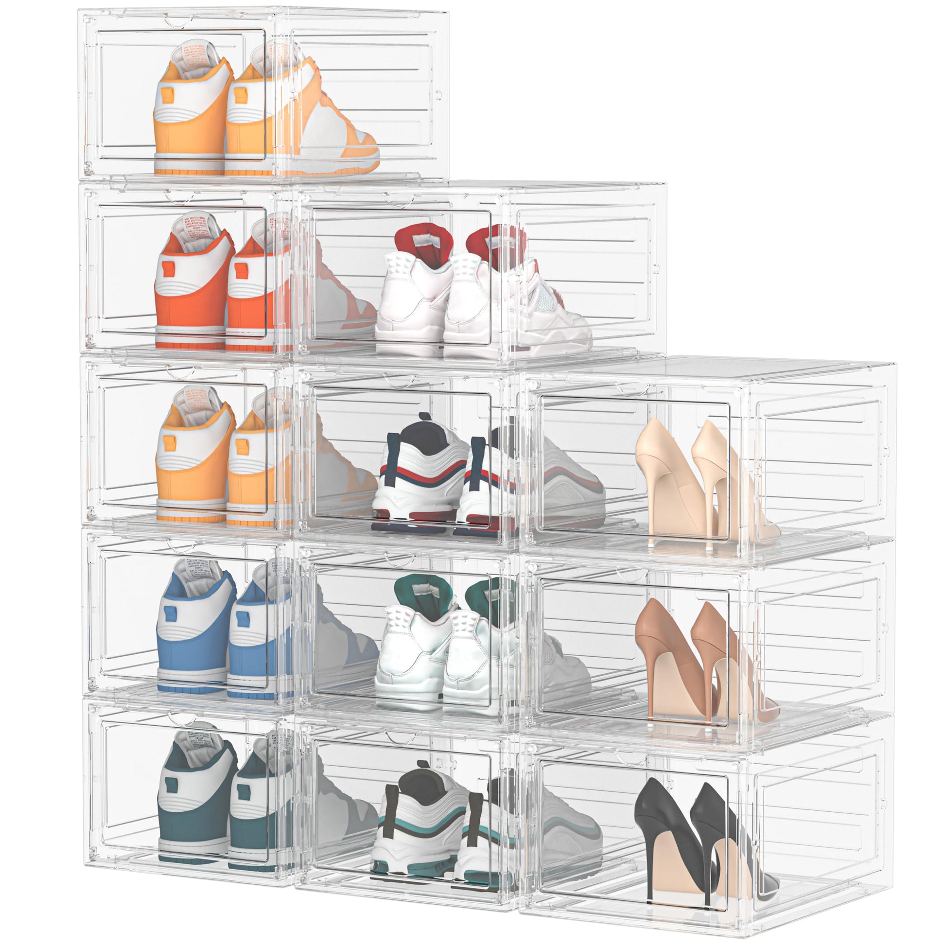 HOMIDEC Schuhboxen Stapelbar – 12er Set Transparent für Grösse 46: Transparente, stapelbare Boxen zur geordneten Schuhaufbewahrung.