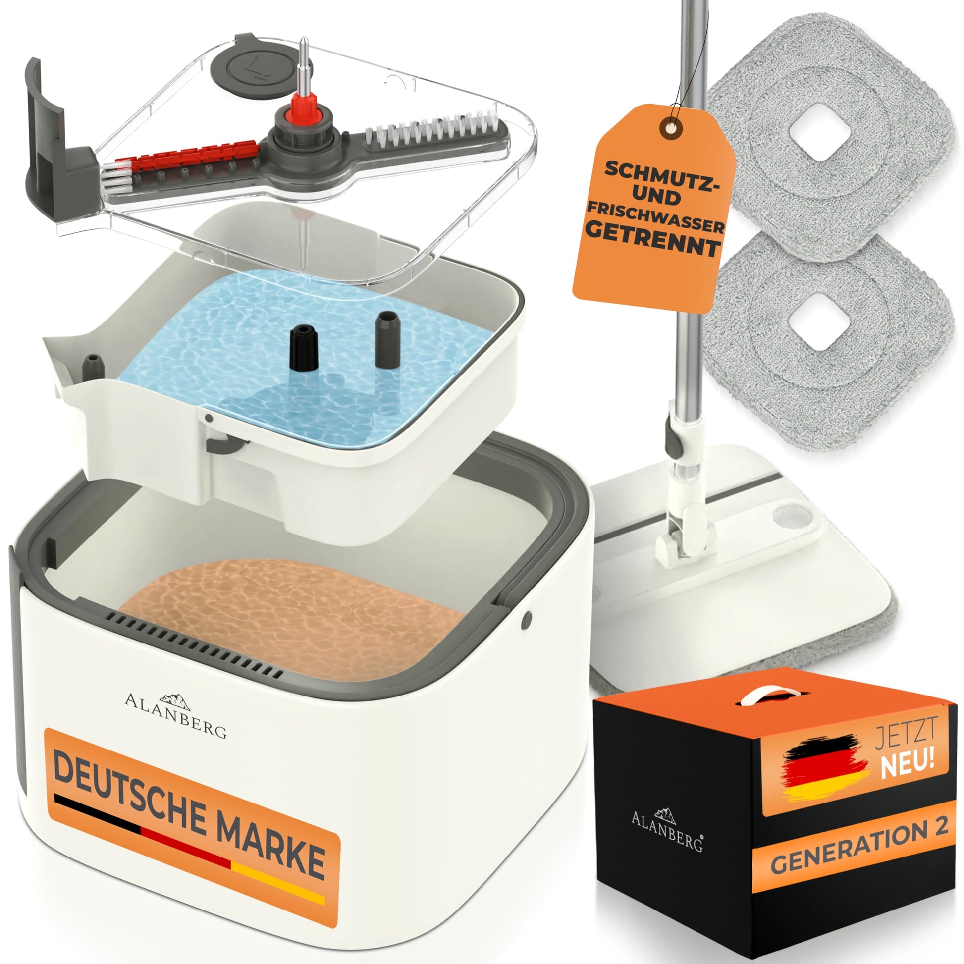 ALANBERG Wischmopp Set mit Eimer Gen 2, 360°-Flachwischer, weiss – Bodenwischer mit Doppelkammer-Eimer und Mikrofaser-Pads