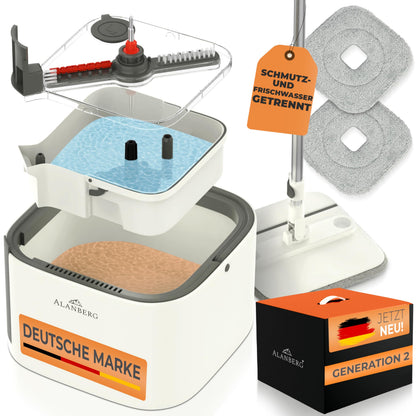 ALANBERG Wischmopp Set mit Eimer Gen 2, 360°-Flachwischer, weiss – Bodenwischer mit Doppelkammer-Eimer und Mikrofaser-Pads