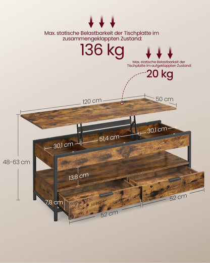 VASAGLE LCT252K01 Couchtisch – höhenverstellbar, Vintagebraun