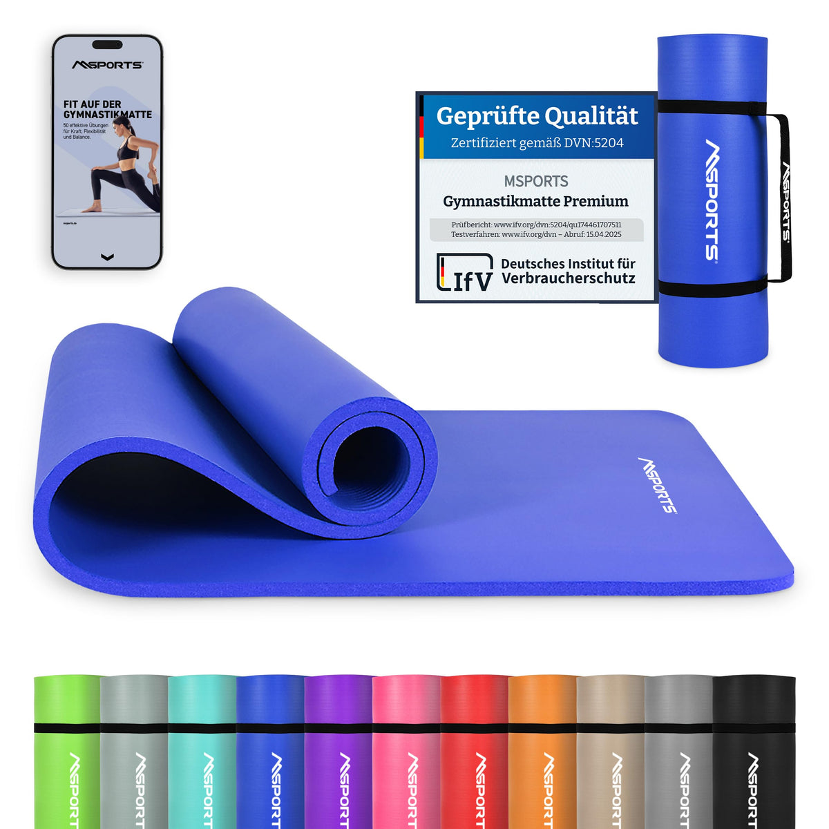 MSPORTS Gymnastikmatte Premium NBR 190 x 100 x 1,5 cm Königsblau – aufrollbar mit Tragegurt