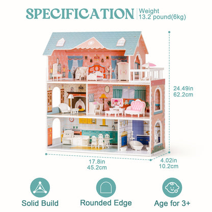 ROBUD Holz-Puppenhaus mit Möbeln & Zubehör – Kinder Spielhaus