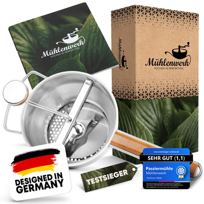 Mühlenwerk Passiermühle Edelstahl, Eichenholz-Griff, 3 Siebe, 2,3 L
