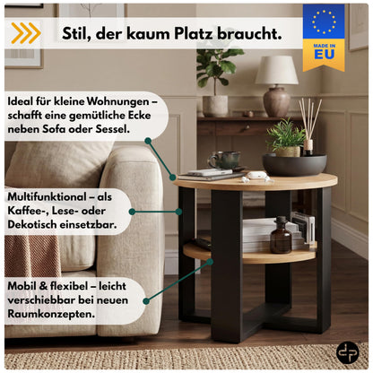 defiPad Couchtisch rund Eiche Ø 53 cm – Beistelltisch mit Ablage