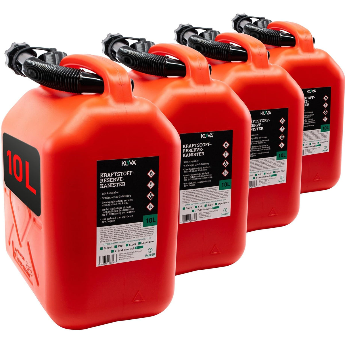 KOVA Benzinkanister 10 Liter mit Ausgiesser 4er-Set rot – Kunststoff, Deckel und Ausgiesser schwarz