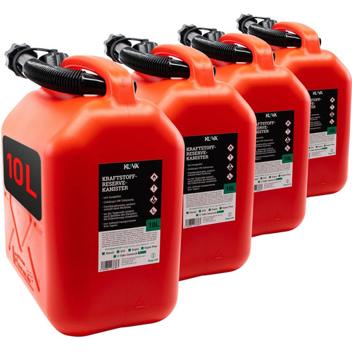 KOVA Benzinkanister 10 Liter mit Ausgiesser 4er-Set rot – Kunststoff, Deckel und Ausgiesser schwarz