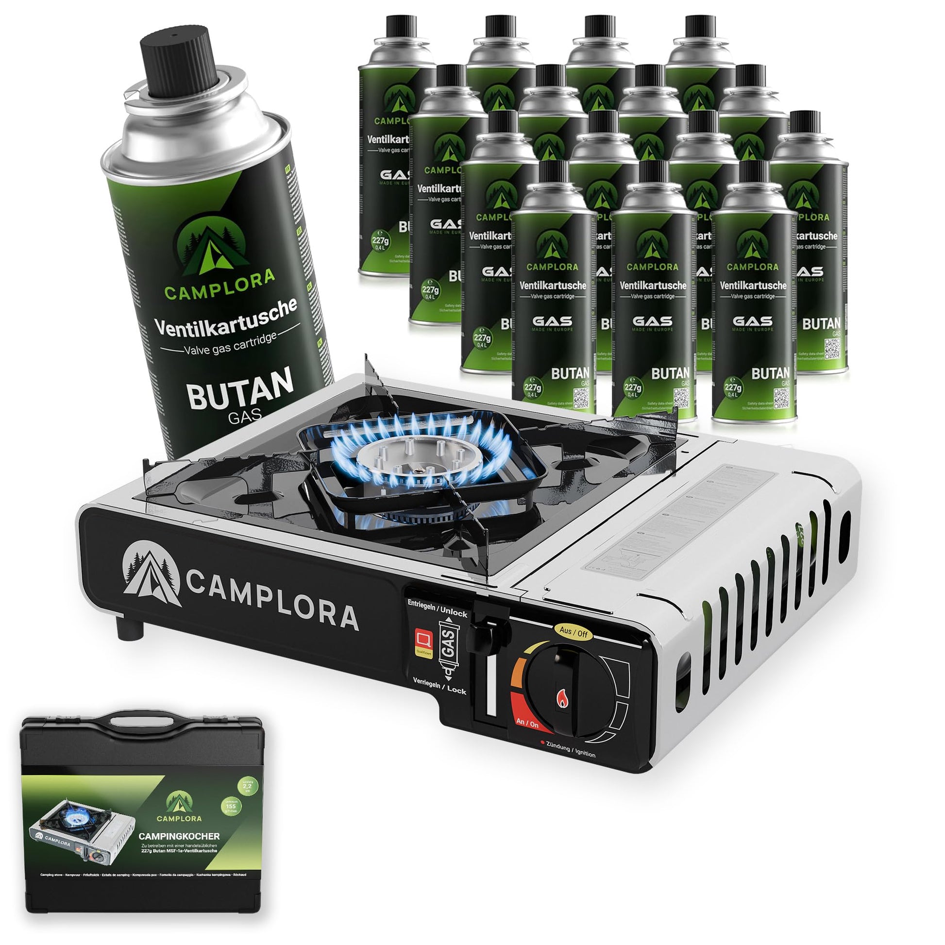 CAMPLORA Gaskocher MSF-1a Set mit 16 Kartuschen & Koffer. Grauer Kompaktkocher, 16 Gaskartuschen, schwarzer Koffer für Outdoor-Kochen.