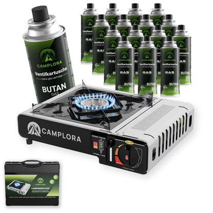 CAMPLORA Gaskocher MSF-1a Set mit 16 Kartuschen & Koffer. Grauer Kompaktkocher, 16 Gaskartuschen, schwarzer Koffer für Outdoor-Kochen.