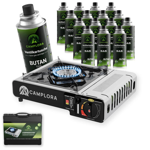 CAMPLORA Gaskocher MSF-1a Set mit 16 Kartuschen & Koffer. Grauer Kompaktkocher, 16 Gaskartuschen, schwarzer Koffer für Outdoor-Kochen.