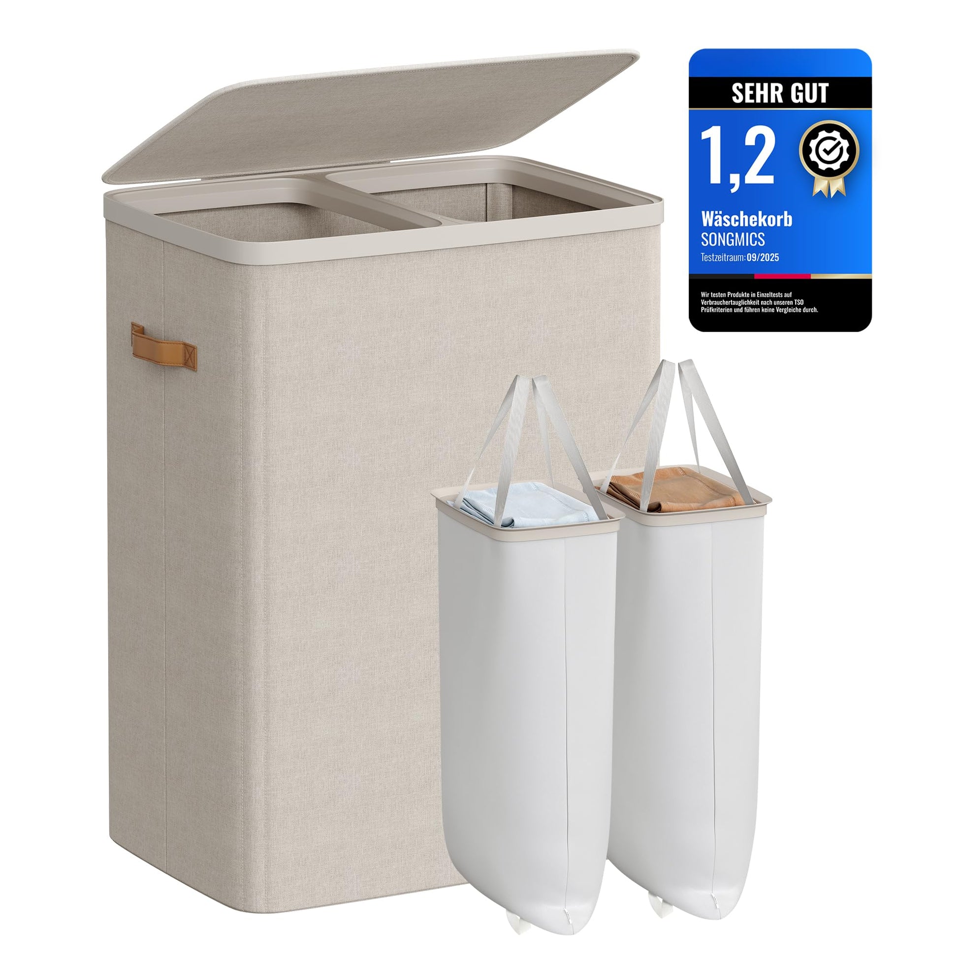 SONGMICS Wäschekorb LCB813L01, 170 L Wäschesortierer mit 2 Fächern, cappuccinobeige, mit Deckel