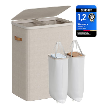 SONGMICS Wäschekorb LCB813L01, 170 L Wäschesortierer mit 2 Fächern, cappuccinobeige, mit Deckel
