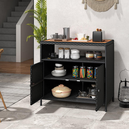 COSTWAY Gartenschrank Rattan mit Akazienholz-Arbeitsplatte, Schwarz
