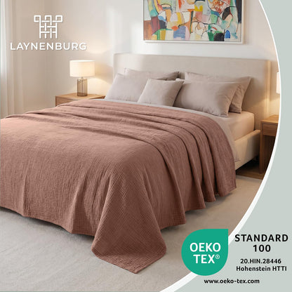 LAYNENBURG Musselin Tagesdecke 150x200 cm, 100% Baumwolle, Mokka