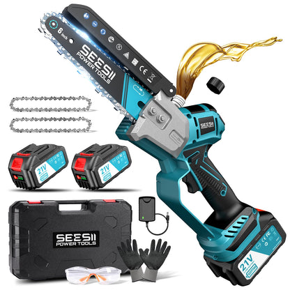 SEESII Mini-Kettensäge 6 Zoll, Akku-Einhandsäge mit 2 Akkus – Metallabdeckung, kompakte Bauform zum Schneiden von Holz