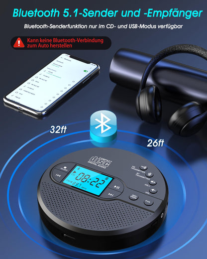 Greadio CD-35 Tragbarer CD-Player mit Bluetooth und FM-Transmitter