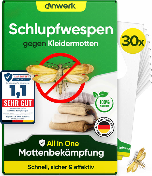 anwerk® Schlupfwespen biologisch gegen Kleidermotten - 30 Karten: Weiße Karten. Schlupfwespen legen Eier in Mottenlarven.