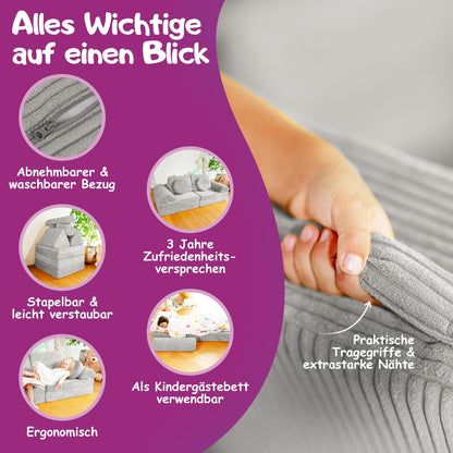 Linodino® Spielsofa Cord Fantasiewelt Kindersofa Bausteine - Elefanten Grau