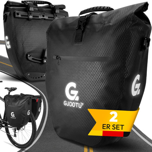GUOOTU Gepäckträgertaschen 2er Set 56L: Schwarze, wasserdichte Fahrradtaschen zur Montage am Gepäckträger. Ideal für Radreisen und Pendler.