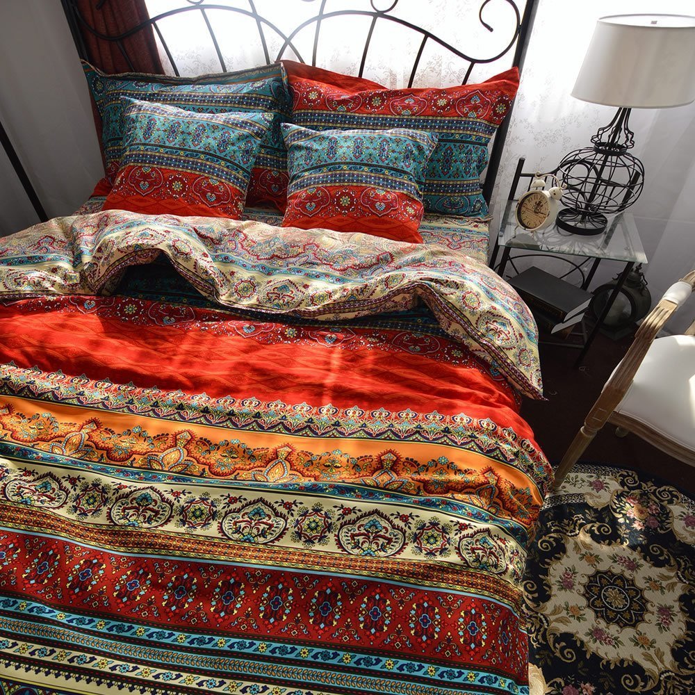 Qucover Bettwäsche Set 155x220 cm Baumwolle Bunt mit Kissenbezug 80x80, Vintage-Boho-Muster