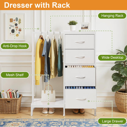 OYRREU Kommodenschrank mit Kleiderstange & 4 Schubladen – Weiss
