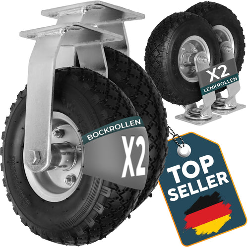 FROSAL Lenk- und Bockrollen Set Luftreifen 260 mm für Bollerwagen mit silberner Stahlfelge
