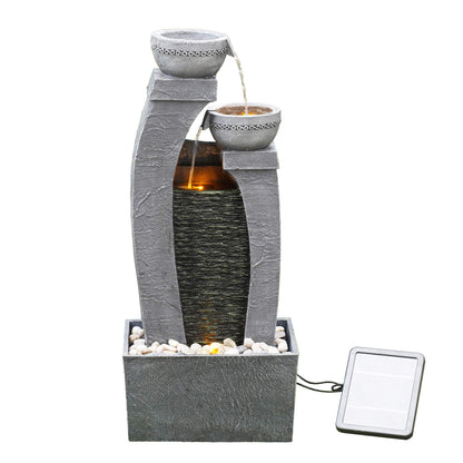 Teamson Home Solarbrunnen mit LED und Wasserfall, schiefergrau – Kaskadenbrunnen aus Polyresin