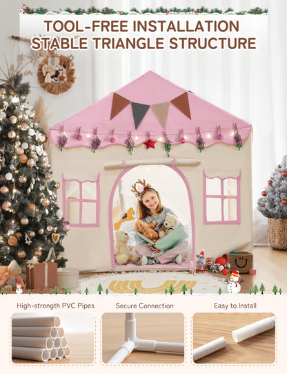 besrey 2-in-1 Kinderzelt Spielhaus - Pink mit Matte & Lichtern