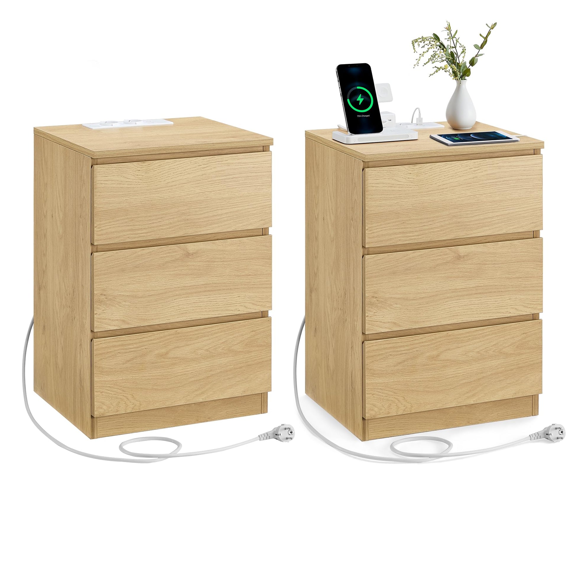 VASAGLE Kailyn Nachttisch mit Steckdosen 2er Set – Strohgelb LET831Y70: Zwei rechteckige, strohgelbe Tische. Ablage und Laden am Bett.