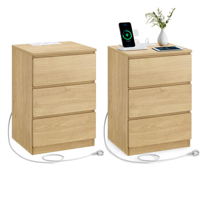 VASAGLE Kailyn Nachttisch mit Steckdosen 2er Set – Strohgelb LET831Y70: Zwei rechteckige, strohgelbe Tische. Ablage und Laden am Bett.