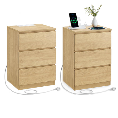 VASAGLE Kailyn Nachttisch mit Steckdosen 2er Set – Strohgelb LET831Y70: Zwei rechteckige, strohgelbe Tische. Ablage und Laden am Bett.