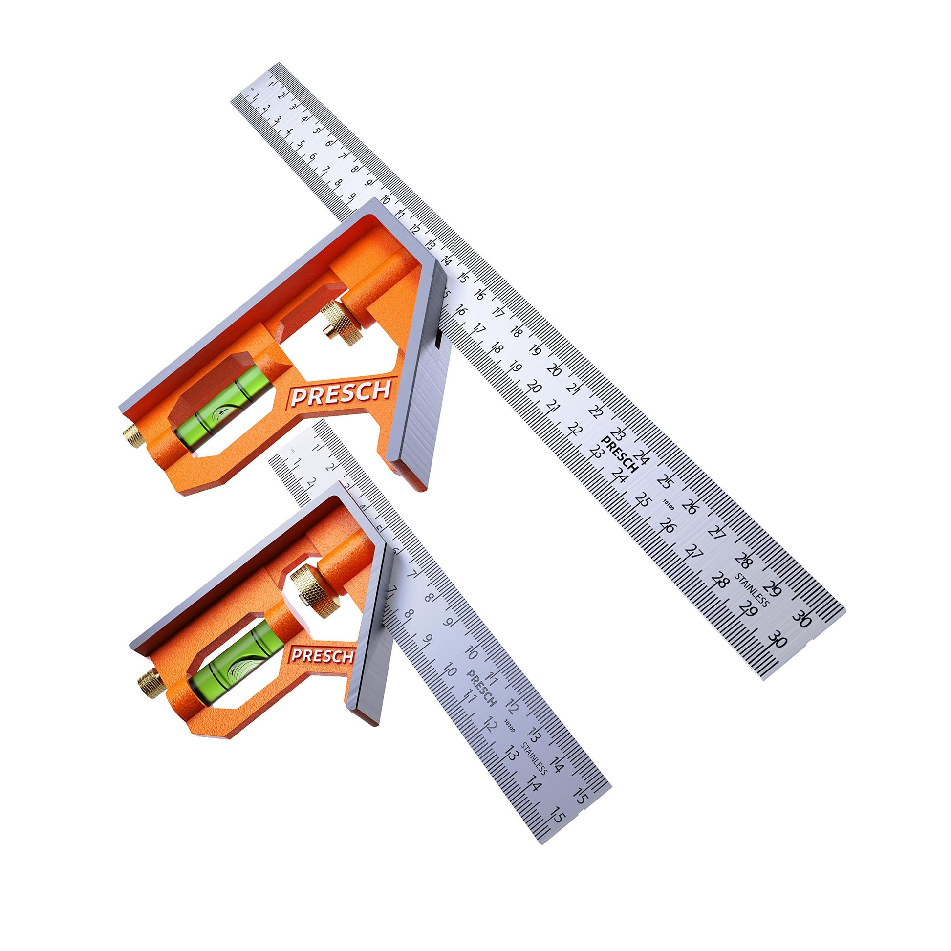 Presch Kombinationswinkel-Set 150 mm & 300 mm, Edelstahl mit Zinkgusskörper und Wasserwaage