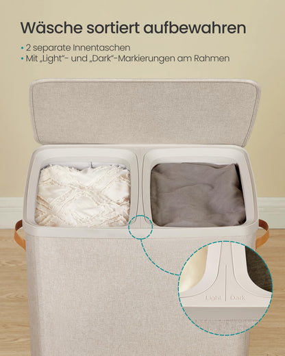 SONGMICS Wäschekorb LCB813L01, 170 L Wäschesortierer mit 2 Fächern
