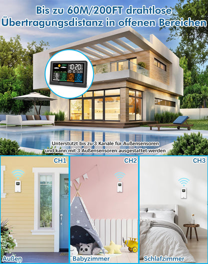 Qxmcov Wetterstation Funk – 3 Sensoren, Digital Thermo-Hygrometer