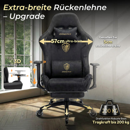 Dowinx Gaming Stuhl ergonomisch mit Fussstütze, 200 kg, schwarz
