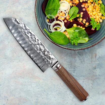 Wakoli Damast Santoku Messer 17.5 cm – Nussbaum Hammerschlag
