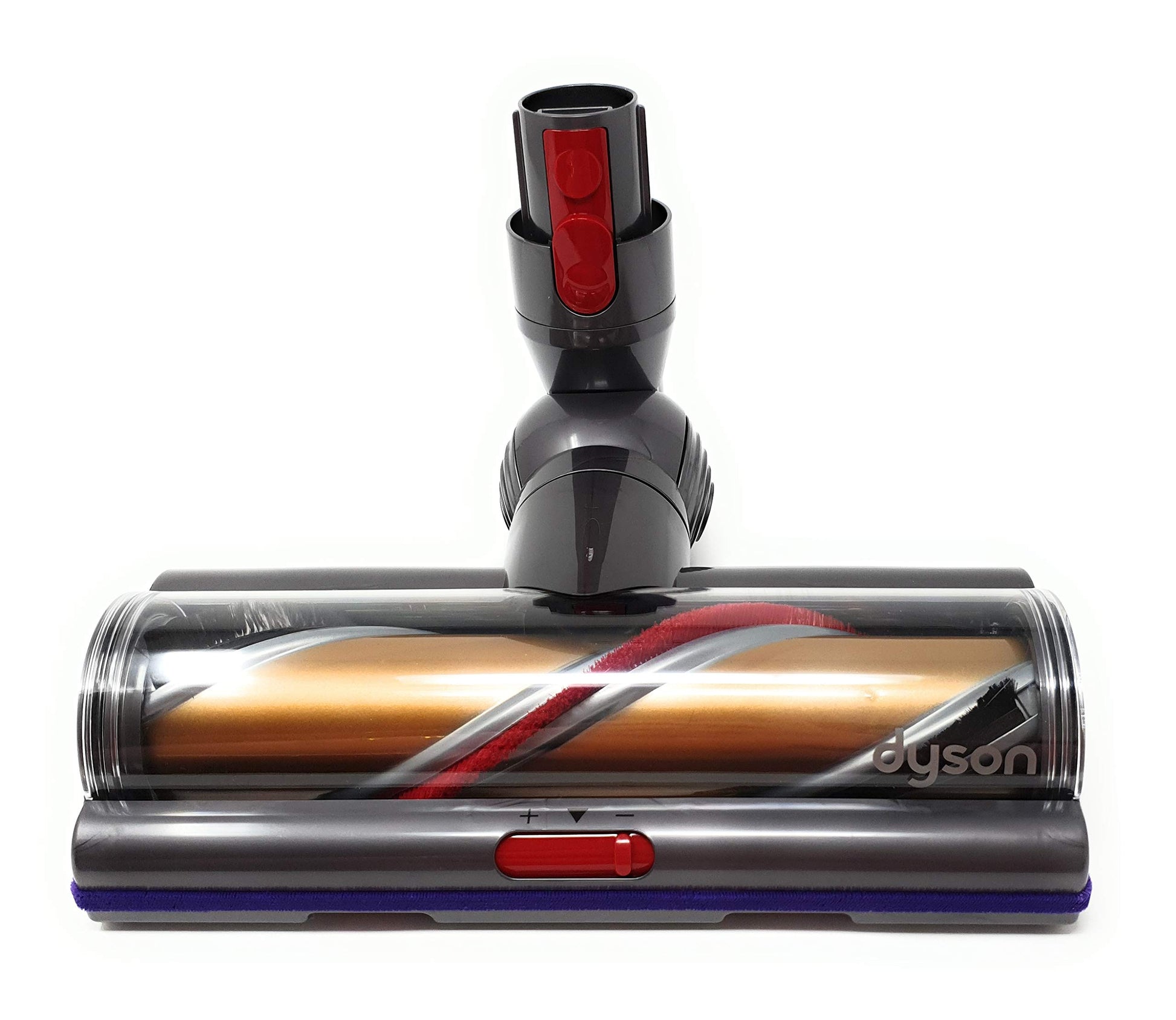 Dyson V11 Turbinenbürste. Roter Bürstenkopf mit schwarzen Borsten. Elektrobürste zur effizienten Teppich- und Hartbodenreinigung mit dem Dyson V11 Staubsauger.
