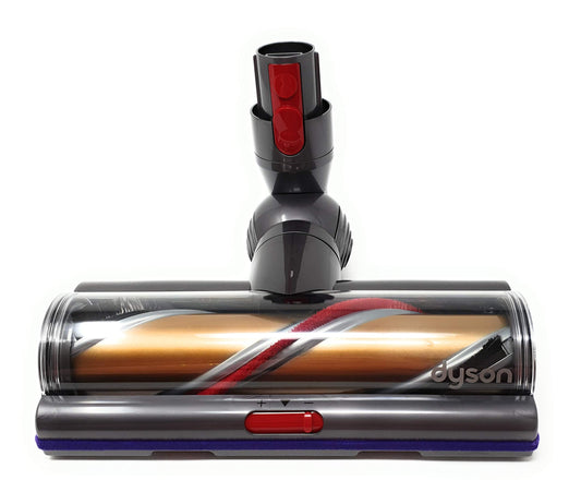 Dyson V11 Turbinenbürste. Roter Bürstenkopf mit schwarzen Borsten. Elektrobürste zur effizienten Teppich- und Hartbodenreinigung mit dem Dyson V11 Staubsauger.
