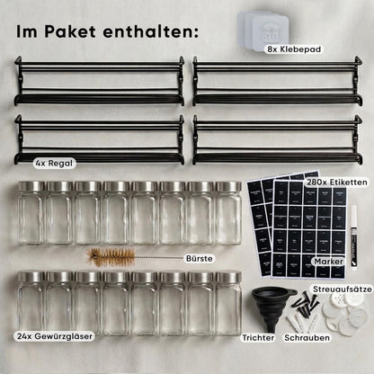Deco haus Gewürzregal Wand ohne Bohren, 4er Set mit 24 Gewürzgläsern