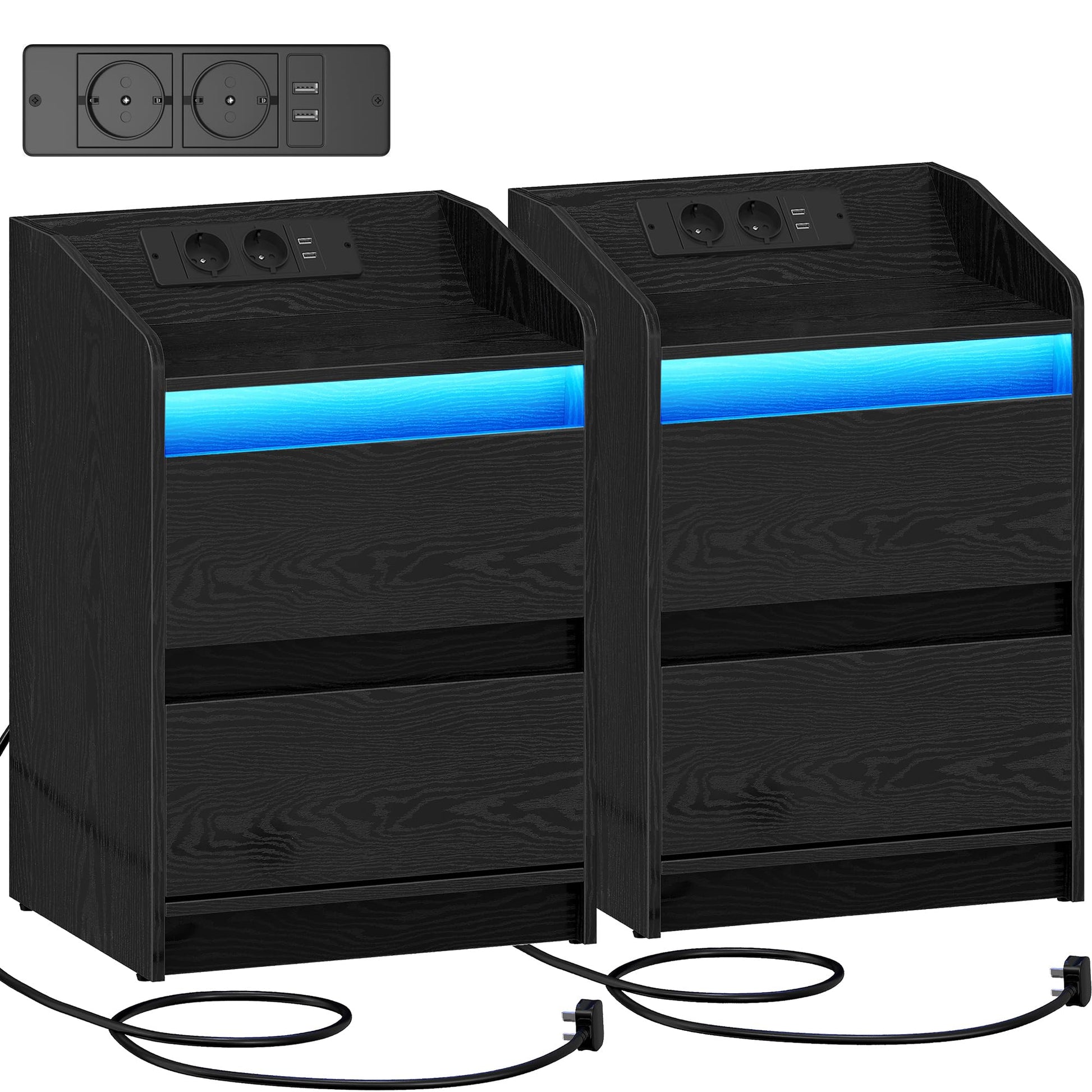 Hzuaneri NS30104X Nachttische 2er Set – LED Ladestation Schwarz. Zur Ablage und zum Laden von Geräten am Bett.