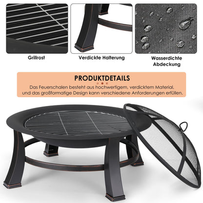 TLGREEN Feuerschale Retro Φ76cm – Schwarz, Grill & Funkenschutz