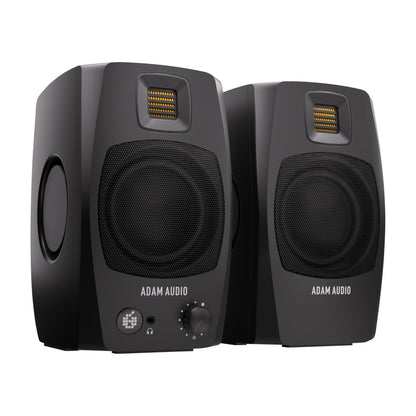 ADAM Audio D3V Aktiver Studio Monitor USB-C Schwarz (Paar): Zwei schwarze, quaderförmige Monitore für präzise Audio-Referenz und Abmischung.