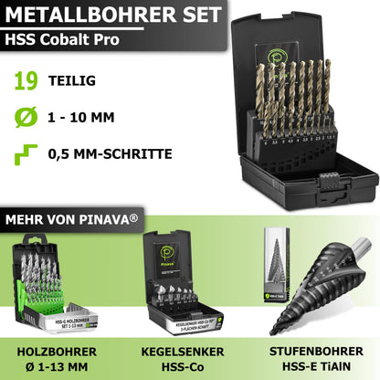 Pinava Metallbohrer-Set HSS Cobalt Pro, 19-tlg., 1–10 mm