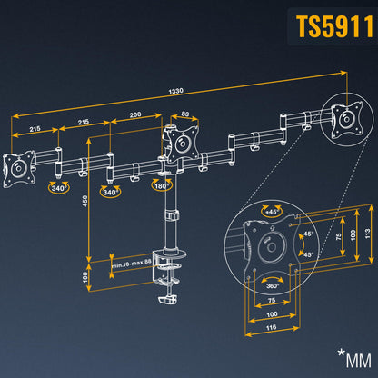 RICOO TS5911 Tisch Monitorhalterung - 3 Monitore 13-32 Zoll