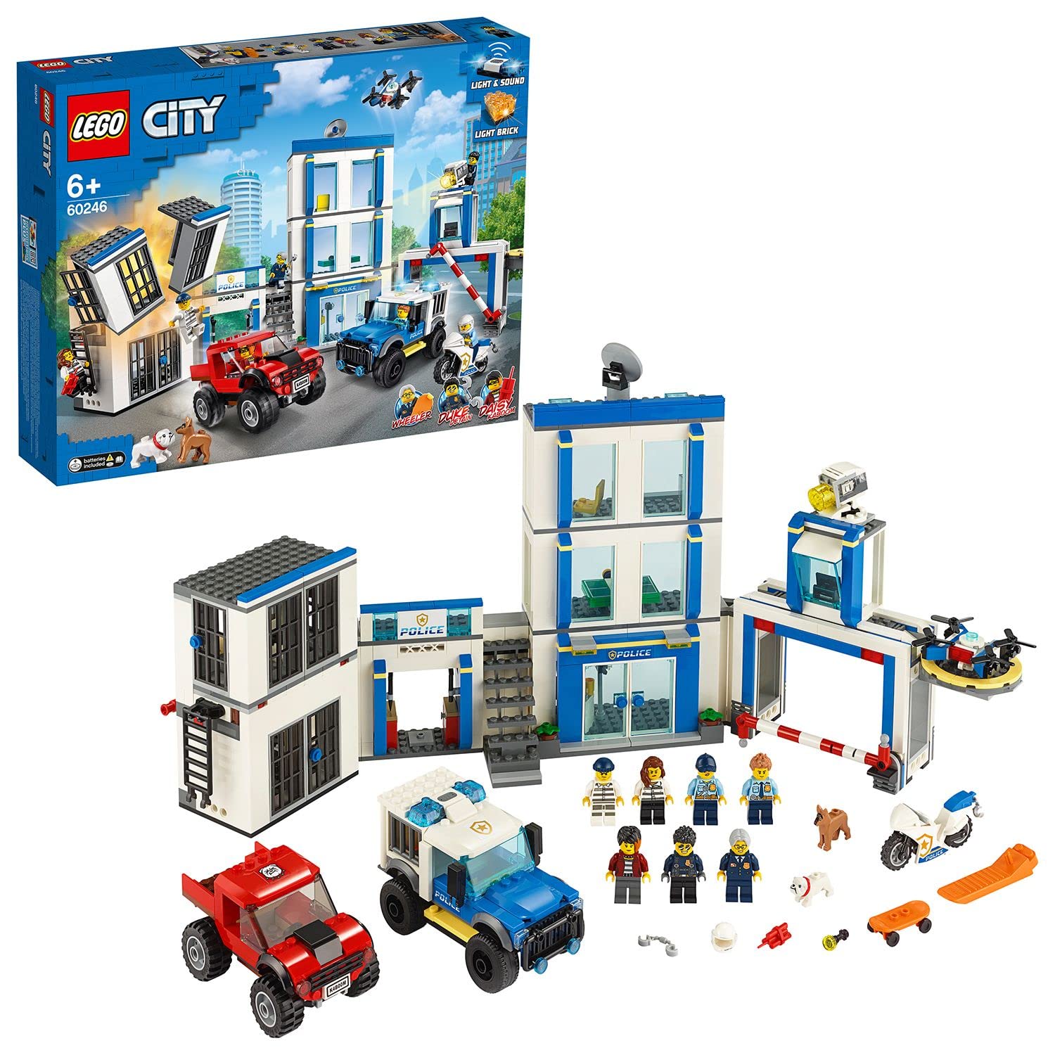 LEGO City Polizeistation 60246. Blau-weißes Gebäude mit Polizeiauto, Motorrad und Hubschrauber. Ermöglicht Rollenspiele rund um Polizeieinsätze und Verbrechensbekämpfung in der Stadt.
